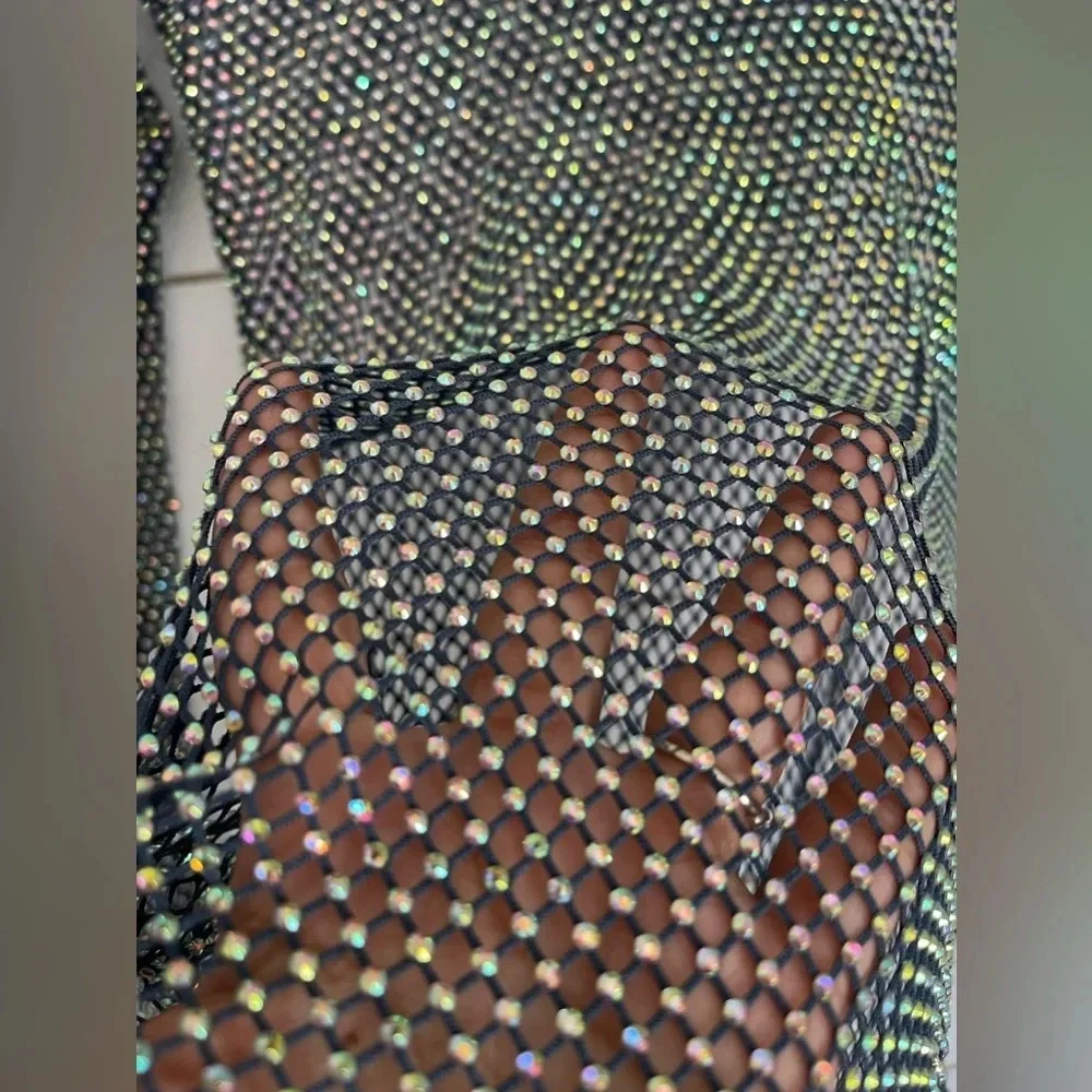 NEW Free People Filter Finish Long Sleeve Netted Rhinestone Top Navy Small